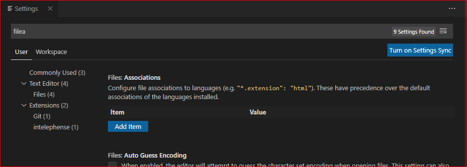 Visual Studio CodeのSettingからFiles:Associationを探す